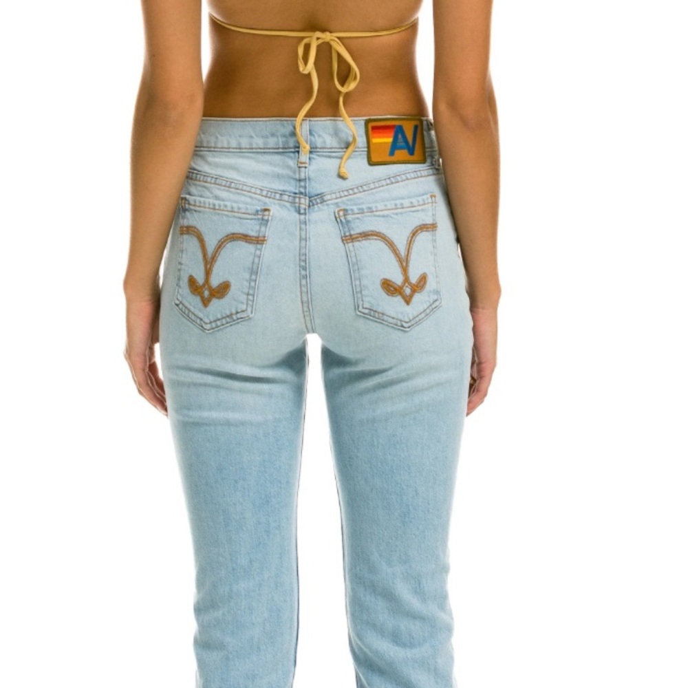 Aviator Nation Light Blue Straight Leg Jeans with Brown Embroidery
